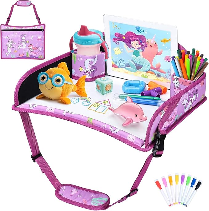 Kids Travel Tray for Toddler Carseat, Road Trip Activities Essentials, Kids Lap Desk Tray with Tablet Holder Stand and Dry Erase Board, Mermaid