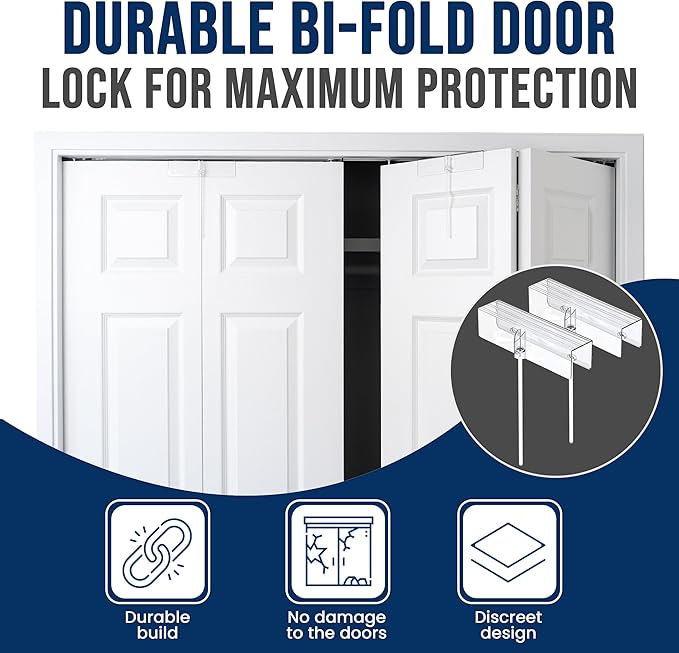 (2- Pack) - Safety Innovations Bi-fold Door Lock - Closet Protection Child and Pet Proof Bi-fold Door Lock - Tool-Free Installation - Unbreakable Clear Polycarbonate - for 1 3/8" Thick Wood Doors