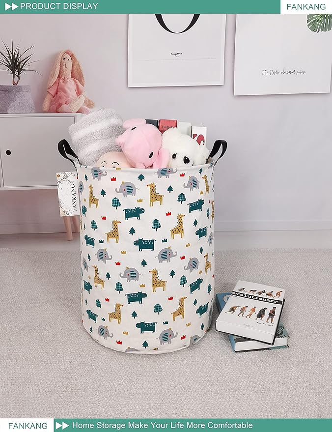 FANKANG Storage Basket, Nursery Hamper Canvas Laundry Basket Foldable with Waterproof PE Coating Large Storage Baskets for Kids Boys and Girls, Office, Bedroom, Clothes,Toys（Froest animals）