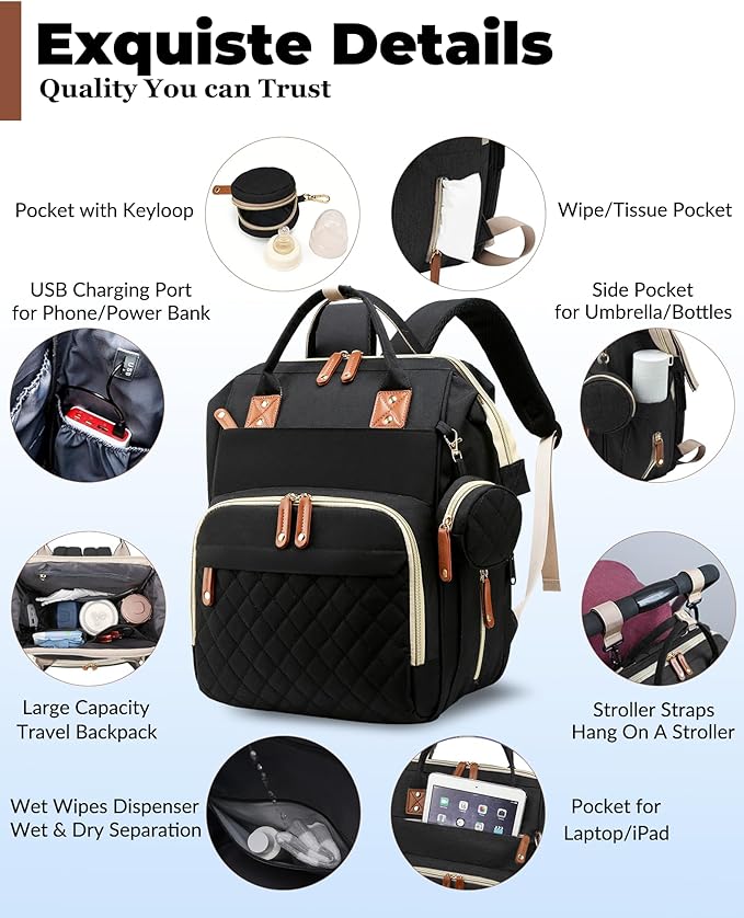 Lamroro Diaper Bag with Changing Station, Waterproof 3 in 1 Baby Diaper Backpack with Foldable Changing Pad, Large Travel Back Pack for Baby Girl Boy, Baby essentials, Black