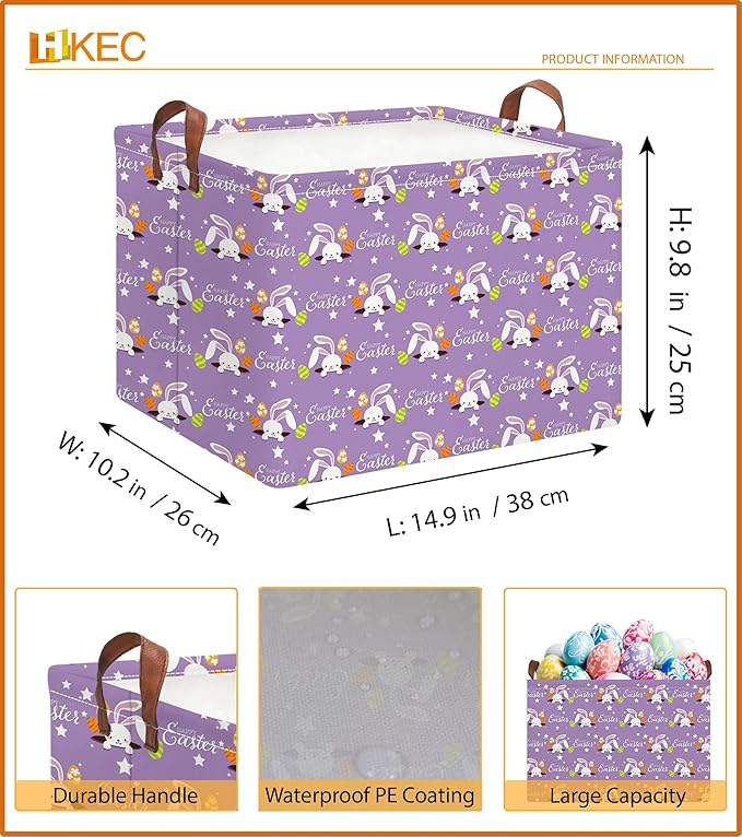 HKEC Rectangle Storage Basket with Handles,Collapsible Storage Bin,Books Box,Gift Basket(Purple Easter)