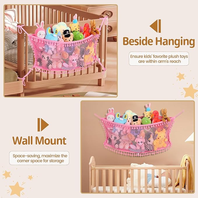 Stuffed Animal Storage Net, Large Bedside Toy Organizer Net, Cotton Plushie Toy Storage Hammock with Tether for Stuffed Animals Room Organization (Pink, 2 Pack)