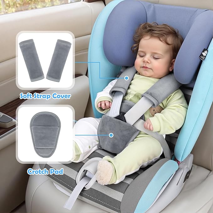 3 Pcs Car Seat Stroller Straps Pads for Baby, Newborn Soft Shoulder Strap and Crotch Covers, Universal Shoulder Straps Pads for Car Seat, Pushchair, High Chair (Grey)