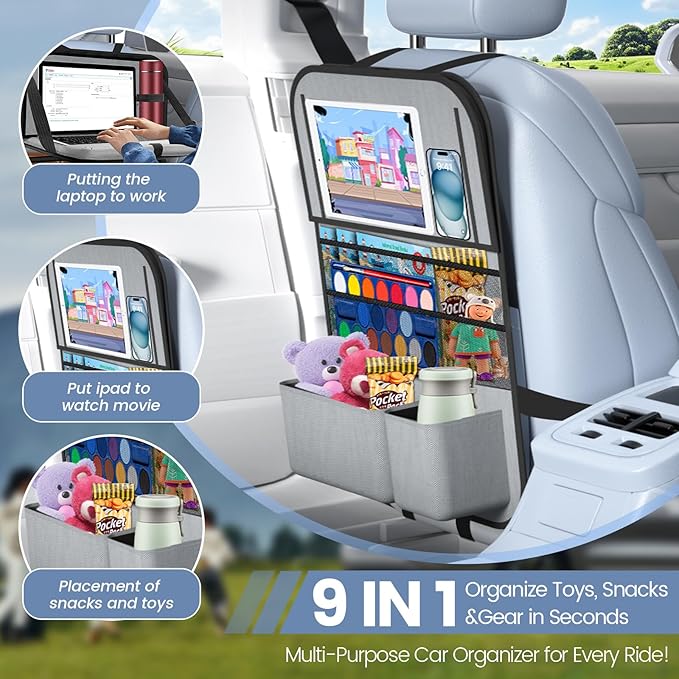 Oneyus 2PACK-Car Backseat Organizer with Touch Screen Tablet Holder,9 Storage Pockets Storage Organizer with Foldable Food Tray, Protector Kick Mats for Kids, Travel Accessories Organizer (Grey)