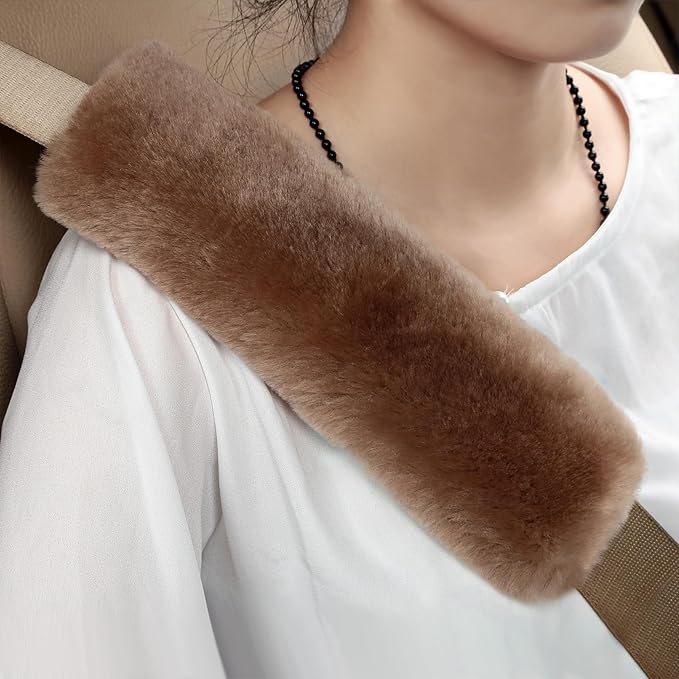 2pc Soft Genuine Sheepskin Wool Auto Seat Belt Cover Seatbelt Shoulder Pad for a More Comfortable Driving, Compatible with All Cars(Brown)