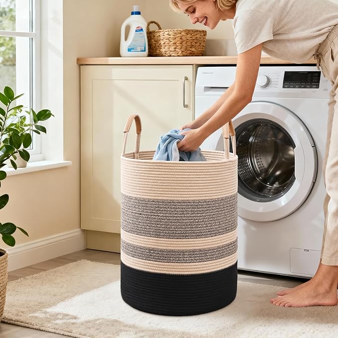 Degeyoyo 75L Striped Laundry Basket, Brown & Black Laundry Hamper with Leather Handles, Woven Cotton Rope Storage Bin for Blankets, Nursery Hamper for Clothes, Toys In Bathroom, Livingroom, Bedroom