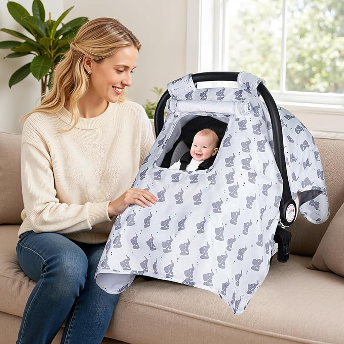Car Seat Cover Baby, Carseat Covers Baby with 2 Layers Breathable Windows, Windproof Infant Car Seat Cover, Kick-Proof Baby Carrier Cover for Baby Boy Newborn Essentials