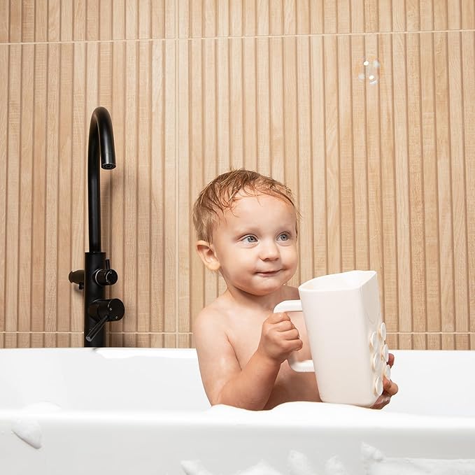 Rinzee® Baby Bath Cup with Suctions - BPA Free, 100% Food Grade Silicone Rinse Cup, Clutter-Free Tub Area, Kids Learning Tool, Sticks to Tiles, Drains Water Upside Down- patent pending