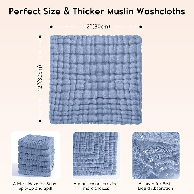 Unnivoll Muslin Burp Cloths Baby 12''X12'', Baby Washcloths 6 Pack, 100% Cotton Baby Wash Cloths Absorbent and Soft for Newborn Infants Kids Boys Girls - Sapphire Blue
