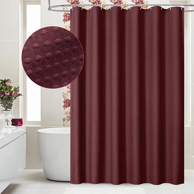 MitoVilla Extra Long Shower Curtain 72 x 84, Burgundy 84 inch XL Waffle Fabric Shower Curtains for Modern Luxury Bathroom Decor, Wine Red Waffle Weave Textured Shower Curtain 84 inch