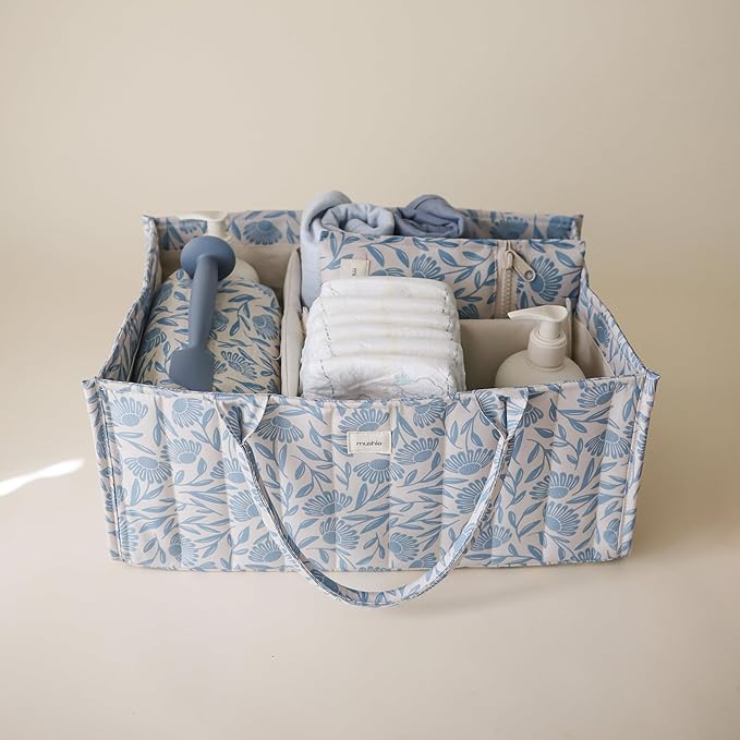 mushie Baby Diaper Caddy | Newborn Essentials Organizer for Diaper Changing Station (Blue Flowers)