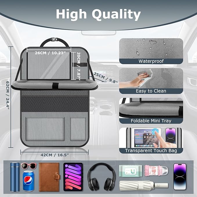 Oneyus Car Backseat Organizer with table Tray, 9 Storage Pockets Backseat Car Organizer with Tablet Holder, Back seat Organizer for Kids Road Trip Essentials Travel (1Pack)