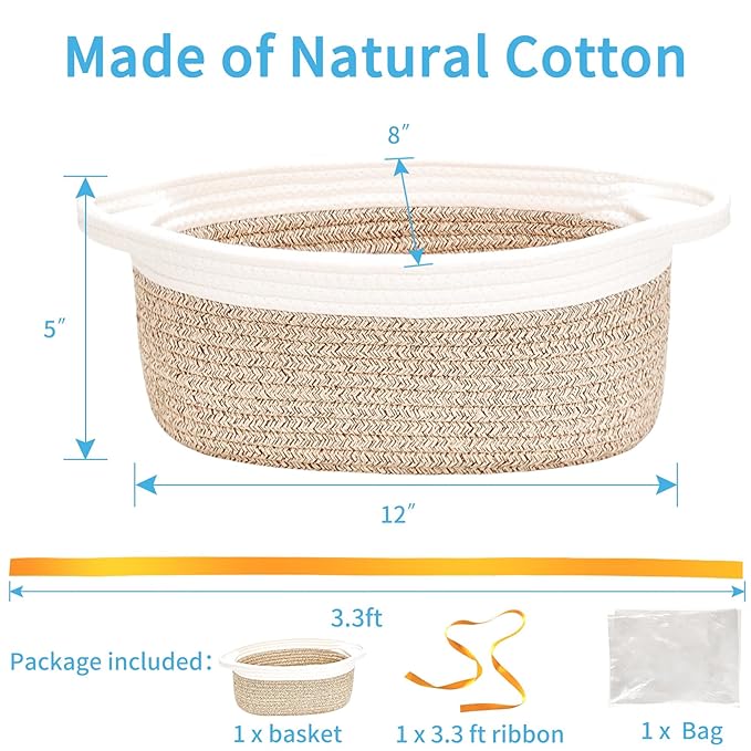 ABenkle Small Basket with Gift Bags and Ribbons, Empty Gift Baskets for Mother's Day, Decorative Boho Rope Woven Nursery Storage Organizer Toy Baskets with Handle for Baby Showers, 12"X 8" X 5"