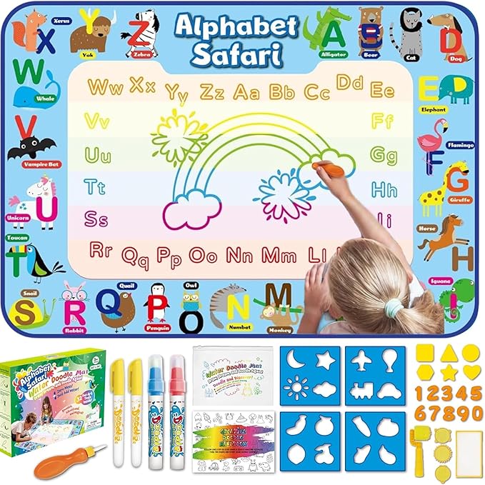 ANIMOLDS Water Doodle Mat 40″ × 32″ – Aqua Magic Drawing Board for Toddlers & Kids | Alphabet Safari Theme Educational Art Play Mat | Reusable, Mess-Free Water Painting Toy