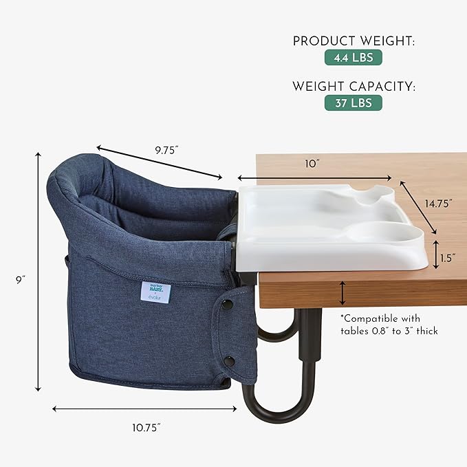 Evolur Clamp-On Comfort Table Chair, Portable Clip-On High Chair for Babies & Toddlers (6–36 Months), Removable Washable Seat Cover, Dishwasher-Safe Tray, Foldable Design with Carry Bag – Navy