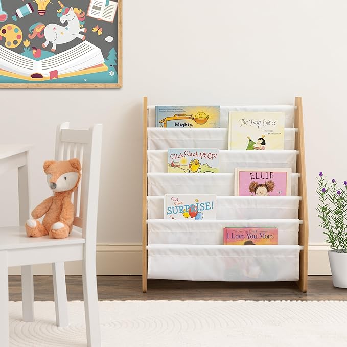 Humble Crew Kids Bookshelf 6-Tier Book Rack Organizer, Extra Large Toddler Bookcase with Fabric Storage Pockets, Front-Facing Display for Children’s Books, White/Natural Wood, Nursery/Playroom Storage | Humble Crew, White, Natural Wood, Super Size, 6 T...