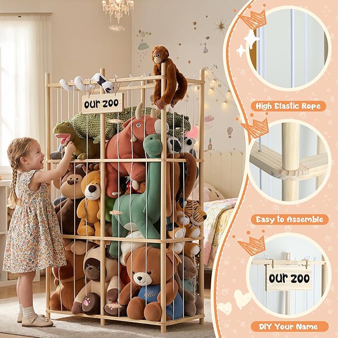 LAMU Stuffed Animal Storage, Wooden Zoo Stuffed Animal Holder with Elastic Cords, Space Save Plush Toy Cage, Double Capacity Extra Large Stuffed Animal Organizer for Playroom, Bedroom, Nursery, 31" W