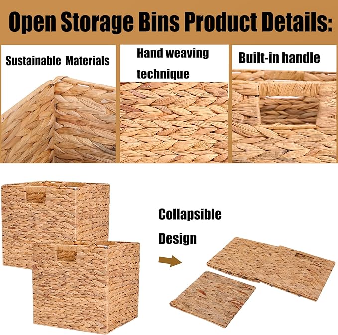 Wicker Storage Basket Foldable Hyacinth Storage Box Set of 2, 12x12x12 Inch - Handmade Woven Basket for Closet,Shelf Organization & Decor