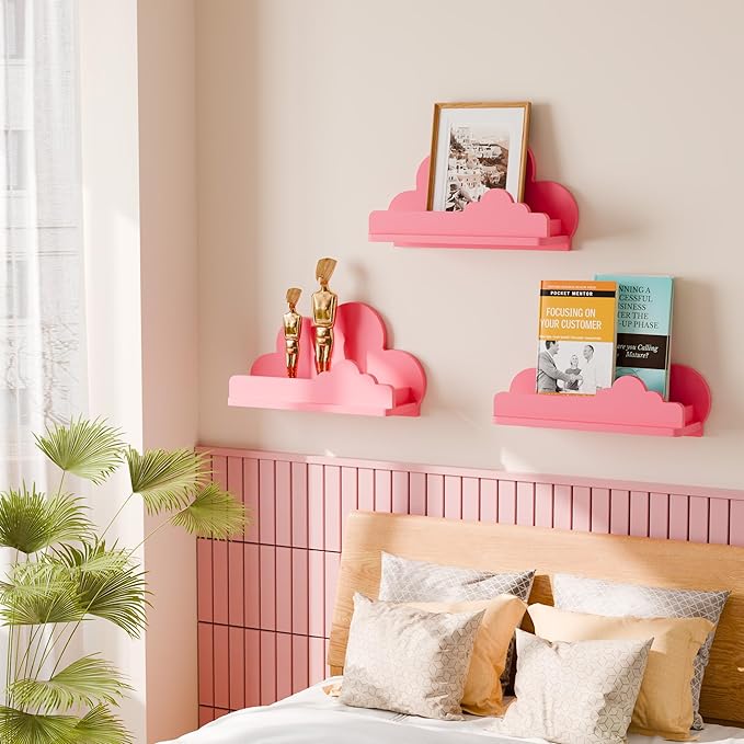 Beskadi Cloud Shelves for Kid’s Room Nursery Wall Deor Set of 3, Pink Cloud Bookshelf, Small Figure Shelf Wall Mounted, Cute Decorative Solid Wood Floating Shelves for Toys, Plants & Storage