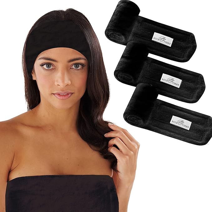 Boca Terry Makeup Headband, 100% Cotton Women's Adjustable Towel Headband for Washing Face, Facial, Cosmetic & Skin Care Treatments. 3-Pack