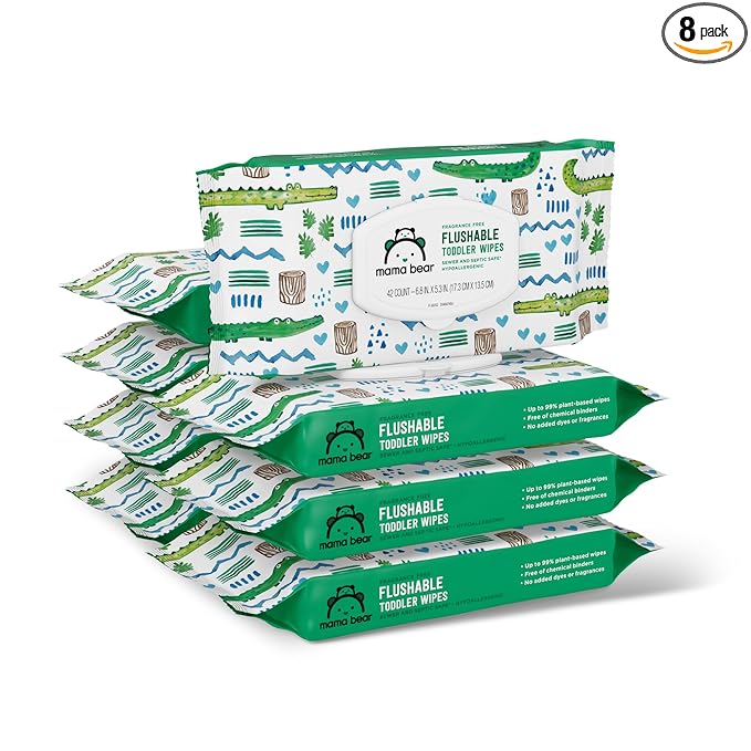 Amazon Brand - Mama Bear Flushable Toddler Toilet Wipes, Unscented, Formulated without Fragrance, Hypoallergenic, Plant-Based, Septic Safe, 336 Count, 8 Packs of 42