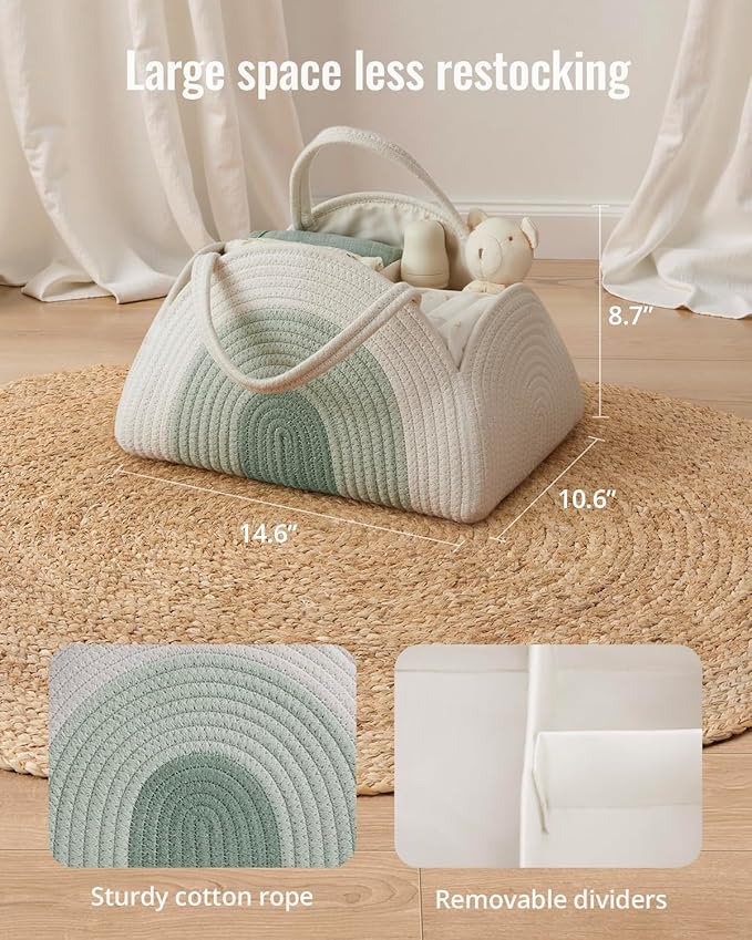 Blissful Diary Baby Diaper Caddy Organizer, Cotton Rope Diaper Caddy Basket, Large Storage Basket for Newborn Boys and Girls, Gift for Baby Shower List, Newborn Essentials, Mint Rainbow