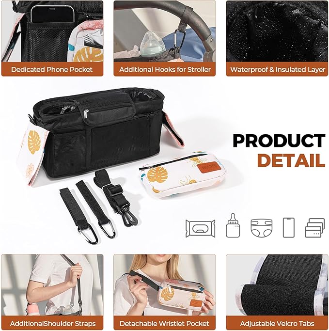 WUUTER Stroller Organizer with Cup Holder Detachable Wristlet Large Capacity Baby Stroller Bag for Mom, Fits Uppababy, Baby Jogger, Britax, BOB, More (Garden)