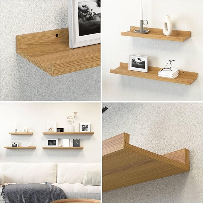 Floating Shelves Set of 2, Modern Wall Shelves with Lip, Display Picture Ledge for Bedroom, Living Room, Bathroom, Kitchen - Oak
