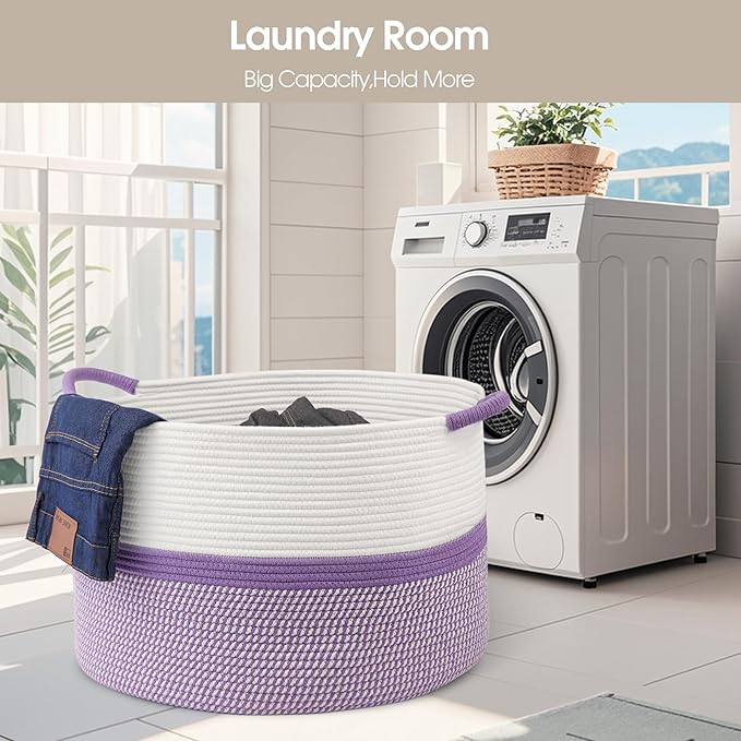 Large Cotton Rope Storage Basket, 20''x13'' Woven Laundry Hamper for Living Room, Nursery, Toys, Blanket Organization with Handles (White and Purple)
