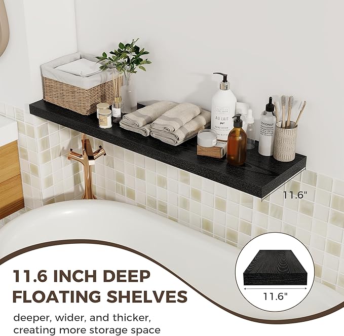 Fun Memories 12 Deep Floating Shelves for Wall, 48W x 12D Extra Large Floating Shelves Set of 2, Hanging Wood Wall Shelves for Living Room, Kitchen, Bedroom, Farmhouse, Laundry Room, Office - Black