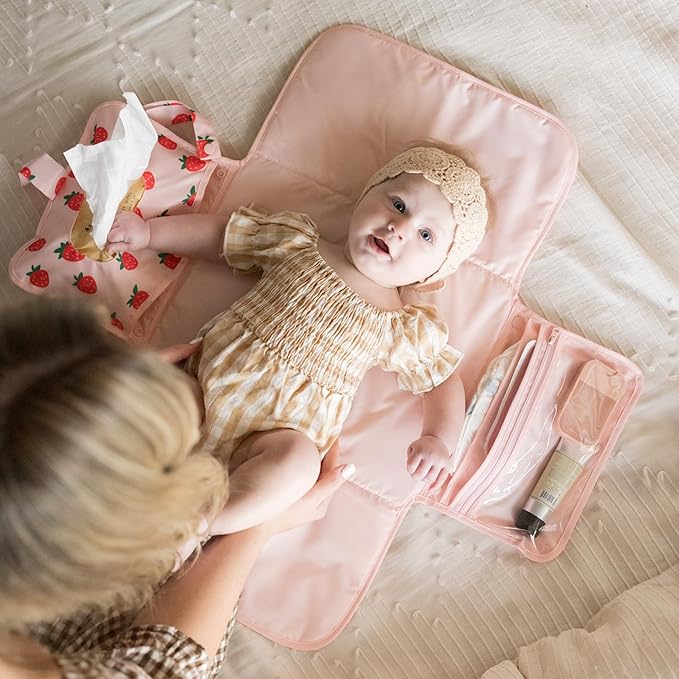 Tiny Twinkle Portable Diaper Changing Pad | Waterproof, Wipeable & Compact Baby Changing Pad for Travel | Smart Wipes Pocket & Organized Storage| Newborn Shower Gift (Strawberries)