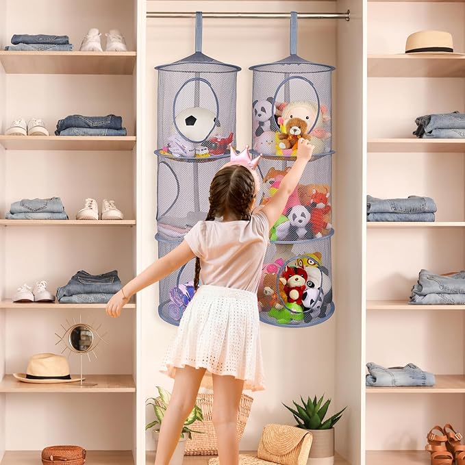 Basumee Stuffed Animals Net or Hammock 2 Pcs Stuffed Animals Storage Toy Net Hammock for Plushies Storage Organizer Mesh Kids Girls Room Decor, Gray, 3 Tiers