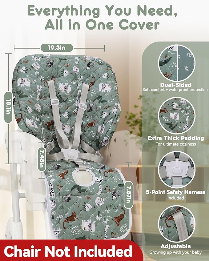 Baby High Chair Cover Replacement, Reversible & Waterproof High Chair Cushion Pad Home & Restaurant use, Includes 5-Point Harness Strap, Chair Not Included (Dark Green)