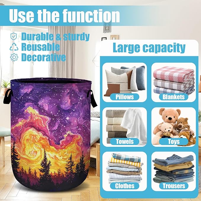 Purple Galaxy Forest Laundry Basket, Laundry Hamper Collapsible Oxford Cloth with Handle Clothes Toy Storage Bin for Bathroom Laundry Room Bedroom 15.7 X 20 Inch