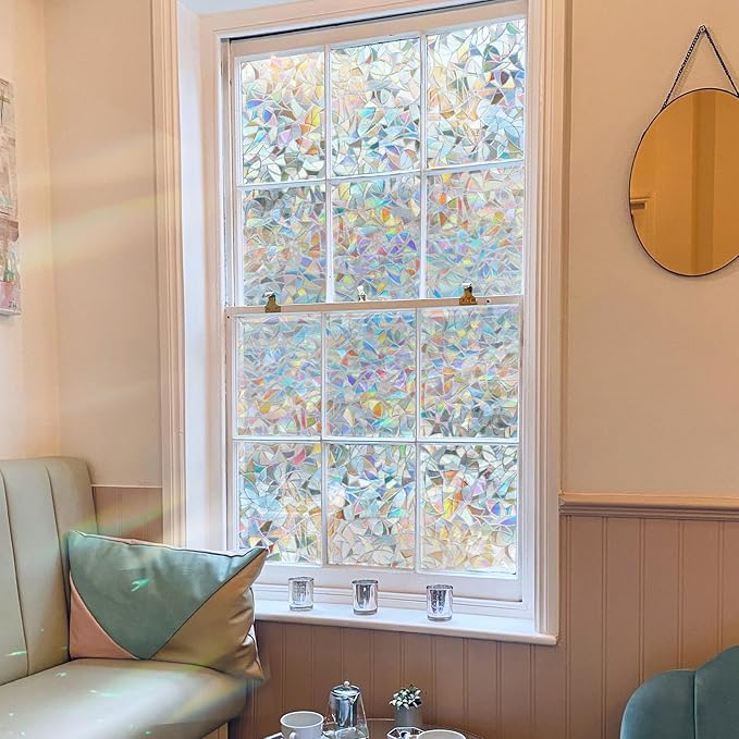 Niviy Rainbow Window Film 35.5 x 78.7 inches, Iridescent Window Film Stained Glass Suncatcher Windows Cling Vinyl 3D Decorative