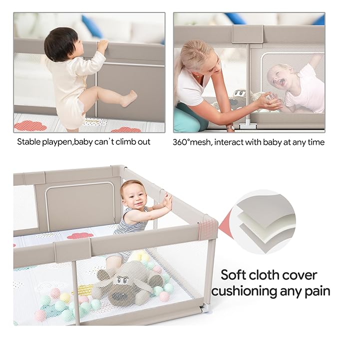 Fodoss Baby Playpen with Mat, 59x59in Playpen for Babies and Toddlers, Kids Play Pen, Extra Large Baby Fence for Infants with Playmates, Toddler Playard
