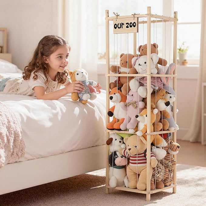 LAMU Stuffed Animal Storage, Wooden Zoo Stuffed Animal Holder with Elastic Cords, Space Save Toy Organizer, Extra Large Capacity Stuffed Animal Organizer for Playroom, Bedroom, Nursery