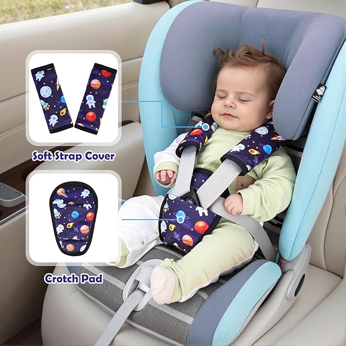 3 Pcs Car Seat Stroller Straps Pads for Baby, Newborn Soft Shoulder Strap and Crotch Covers, Universal Shoulder Straps Pads for Car Seat, Pushchair, High Chair (Starry Sky)