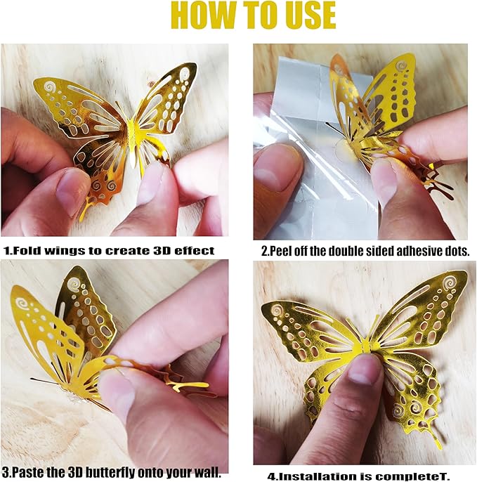 JOSDIOX 3D Laser Gold Butterfly Wall Stickers - 48 Pcs with 4 Styles & 3 Sizes, Removable Decor for Party Birthday Wedding Cake Balloon Decoration (48 Laser Gold)
