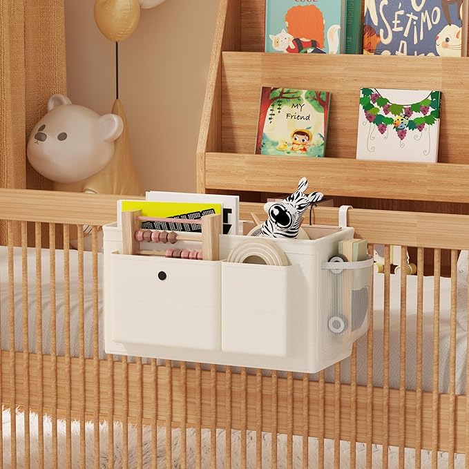 Edudif Bedside Caddy Bedside Organizer with Fixed Straps & Water Bottle Holder, Bunk Bed Caddy ideal for Home, Dorm, Hospital, Crib, Versatile Bedside Storage Solution (White 2pcs)
