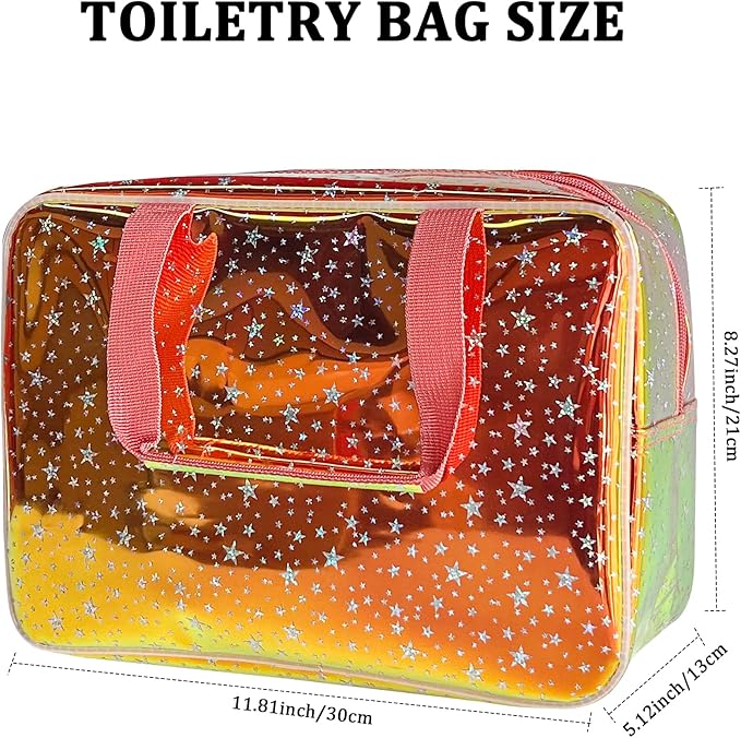 Holographic Brown Clear Star Large Cosmetic Bag and TPU Travel Pouch with Handle,Durable Material,Zipper Design-Ideal for Makeup,Travel Essentials (Brown)