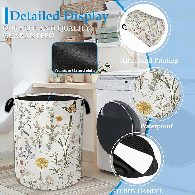 Herbs Floral Laundry Basket Collapsible Laundry Hamper Clothes Toy Storage Bin for Bathroom Bedroom Room Decor 16" X 20.8"