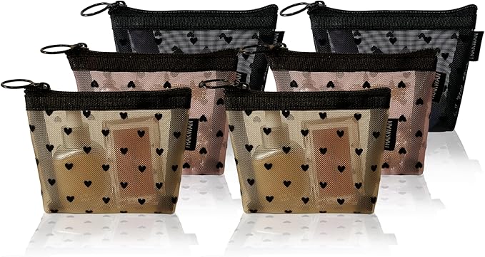 Mini Mesh Heart Makeup Bag Set, Mesh Cosmetic Bags with Zipper, Makeup Lipstick Cosmetic Accessories Organizer Bag, Mesh Pouch for Travel (Multicolor-6pcs)