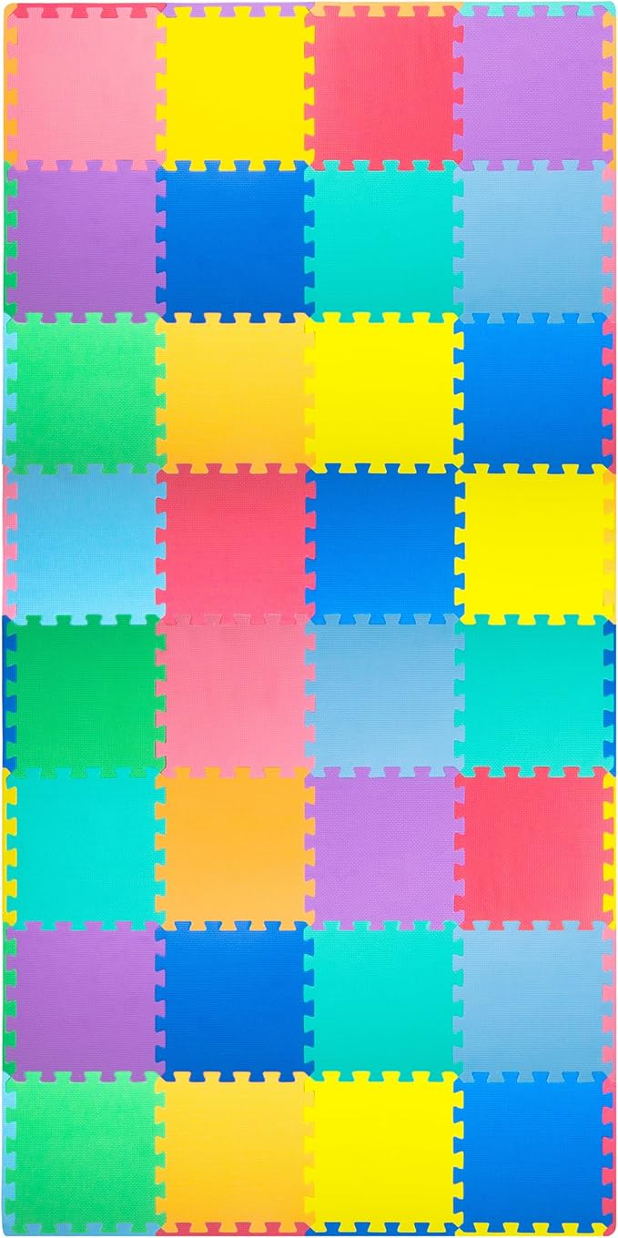 ProSource Baby Play Mat, Soft Foam Floor Tiles for Kids, Interlocking EVA Panels for Playpen Use, Crawling Development Surface, Safe Non-Toxic Toddler Flooring, 32 Tiles, Multicolor
