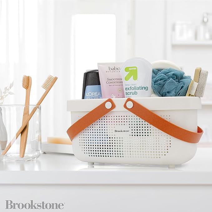 Brookstone Modern Large Portable Shower Caddy with Soft Silicone Carrying Handle, Bathroom Organizer Basket, Plastic Bath Tote and Shower Organizer, Quick Dry Drainage Holes, BPA Free, White