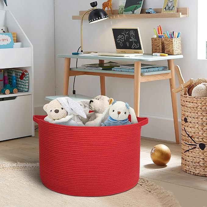Extra Large Red Basket for Organizing, 22" X 22" X 14" Woven Cotton Rope Bins for Blankets, Baby Nursery Wicker Laundry Basket, Kids Dog Toy Storage Box, Big Red Living Room Decor Organizer