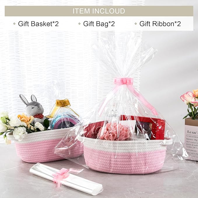 LANDNEOO Small Woven Basket with Gift Bags and Ribbons, Empty Decorative Gift Chest Box, Cute Baby Gift Basket for Nursery, Cotton Rope Room Shelf Storage Basket with Handles, 12"x 8"x 5", Pink