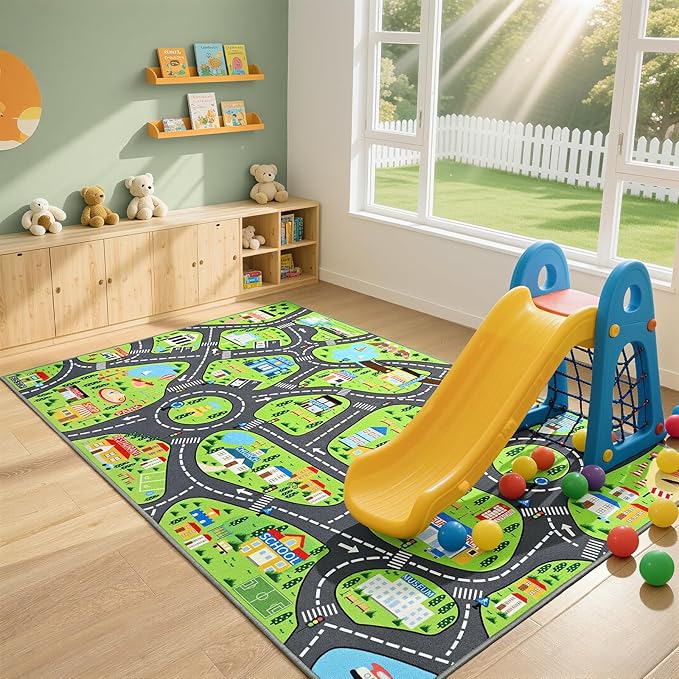 Kids Car Play Rugs - 6x9ft Learning and Fun City Road Map Play Mat for Playing with Cars Trucks, Non-Slip Large Playmat for Nursery, Playroom Bedroom and Classroom, Machine Washable