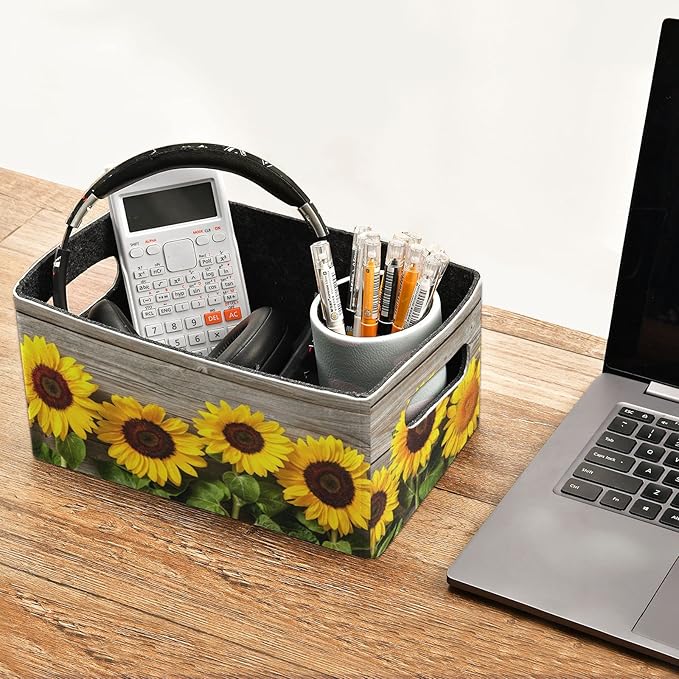 Emelivor Fall Sunflowers Yellow Storage Basket Bins Set (2pcs) Felt Collapsible Storage Bins with Fabric Rectangle Baskets for Organizing for Nursery ,Kids Room,Clothes,Towels,Magazine