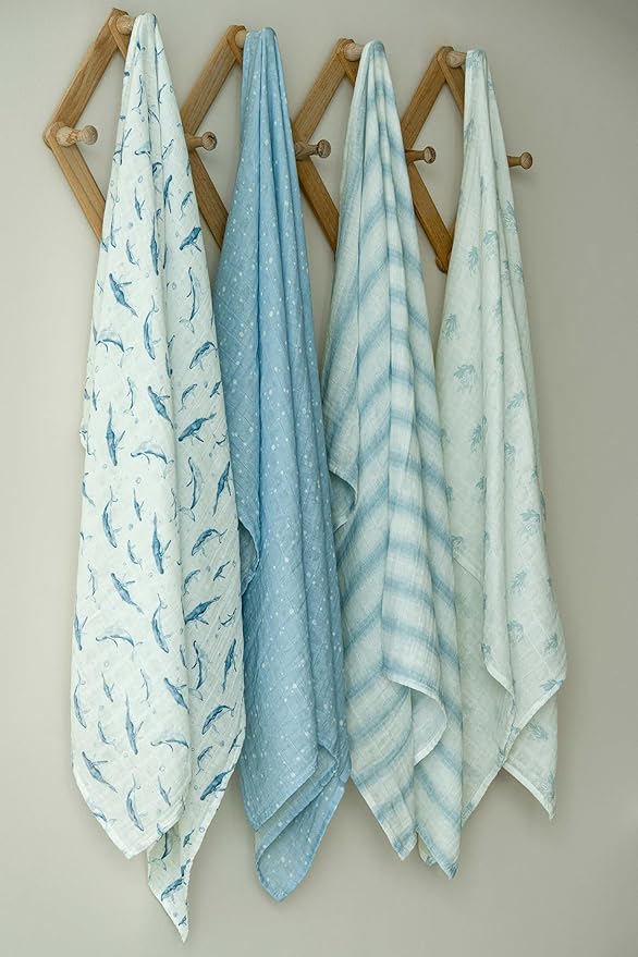 Muslin Swaddle Blankets for Newborn, 4 Pack Cotton Baby Blankets for Boys, Large 31.5 x 43.3 Breathable Soft Receiving Blanket, Essentials Swaddle Wrap Burping Clothes, Blue Whale